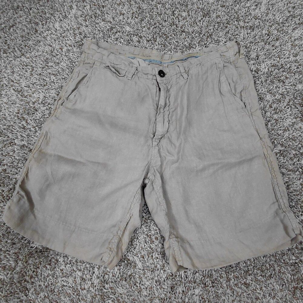 Billy Reid Chino Shorts Mens 33 Fits 32 Beige 100% Linen Italian Textile 7.5"